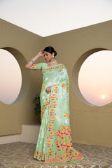 floral print green saree cotton silk
