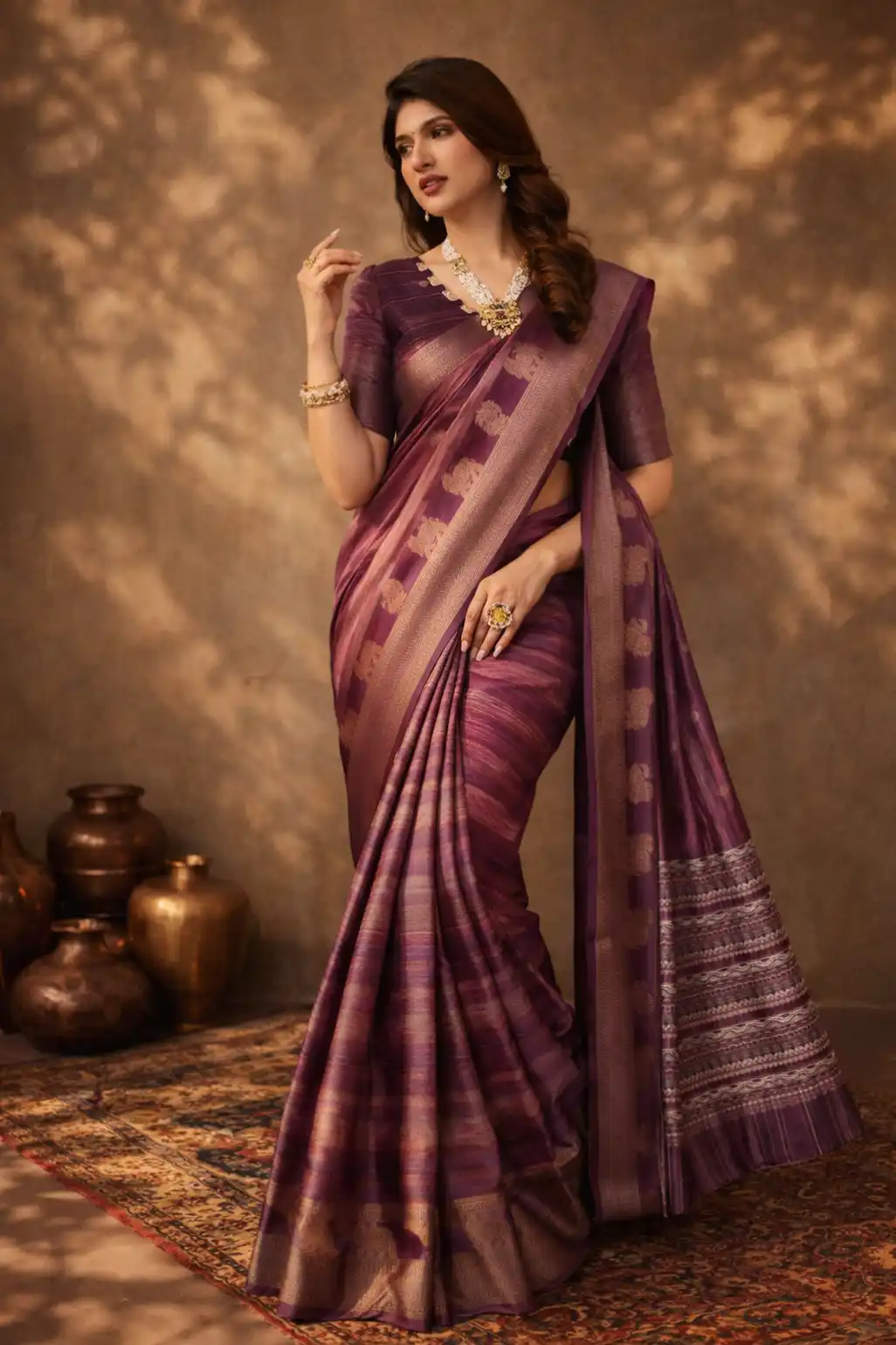 Wine Banarasi Jacquard Abstract Printed Saree