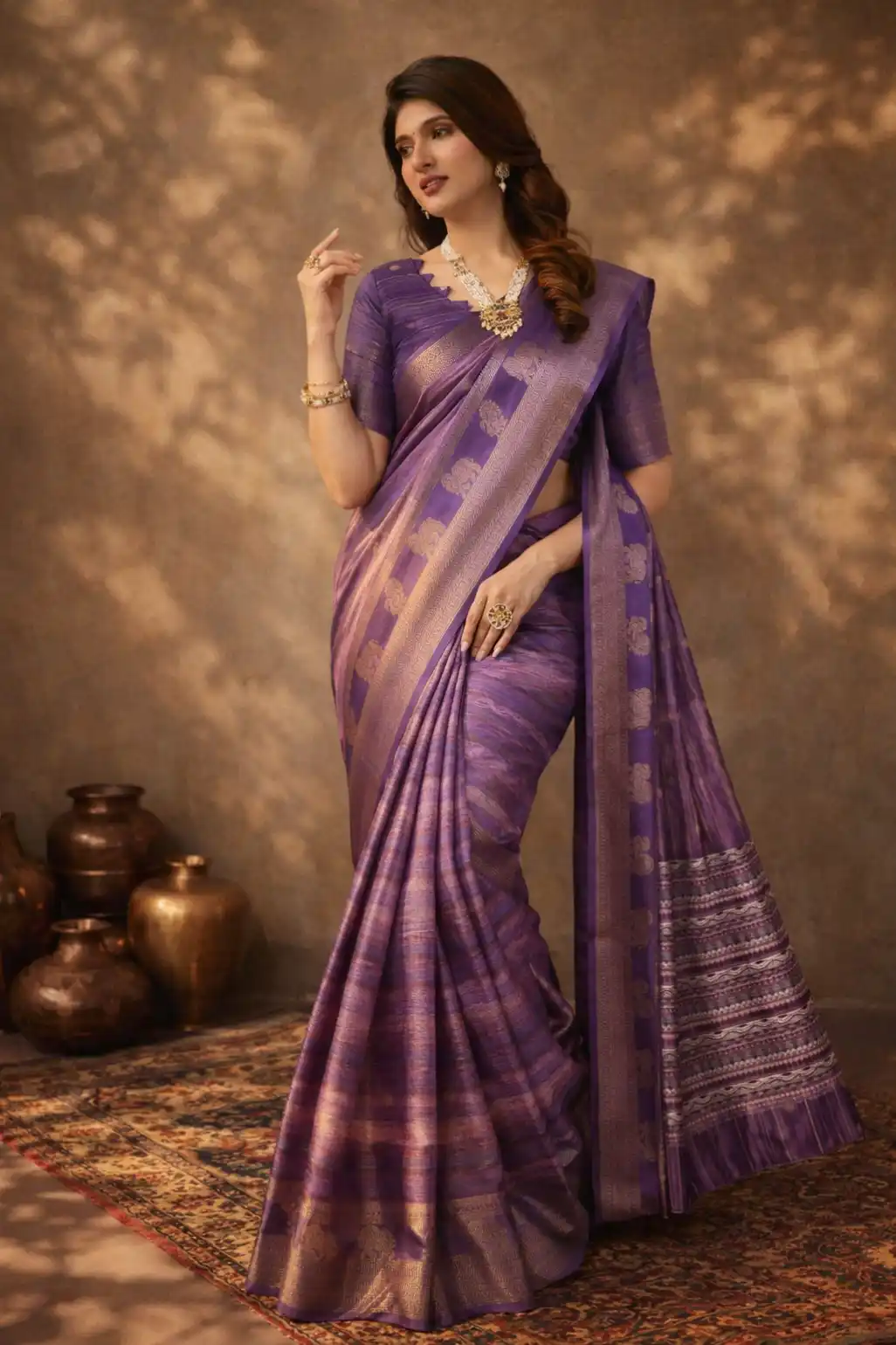 Purple Banarasi Jacquard Abstract Printed Saree