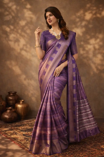 Purple Banarasi Jacquard Abstract Printed Saree