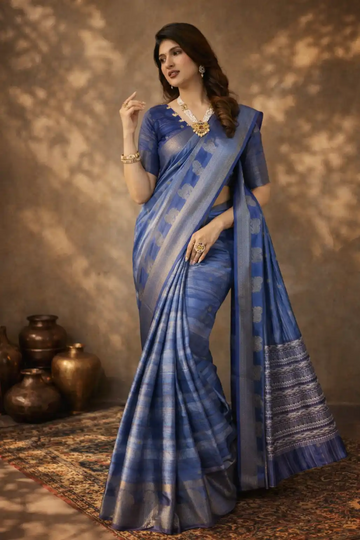Blue Banarasi Jacquard Abstract Printed Saree