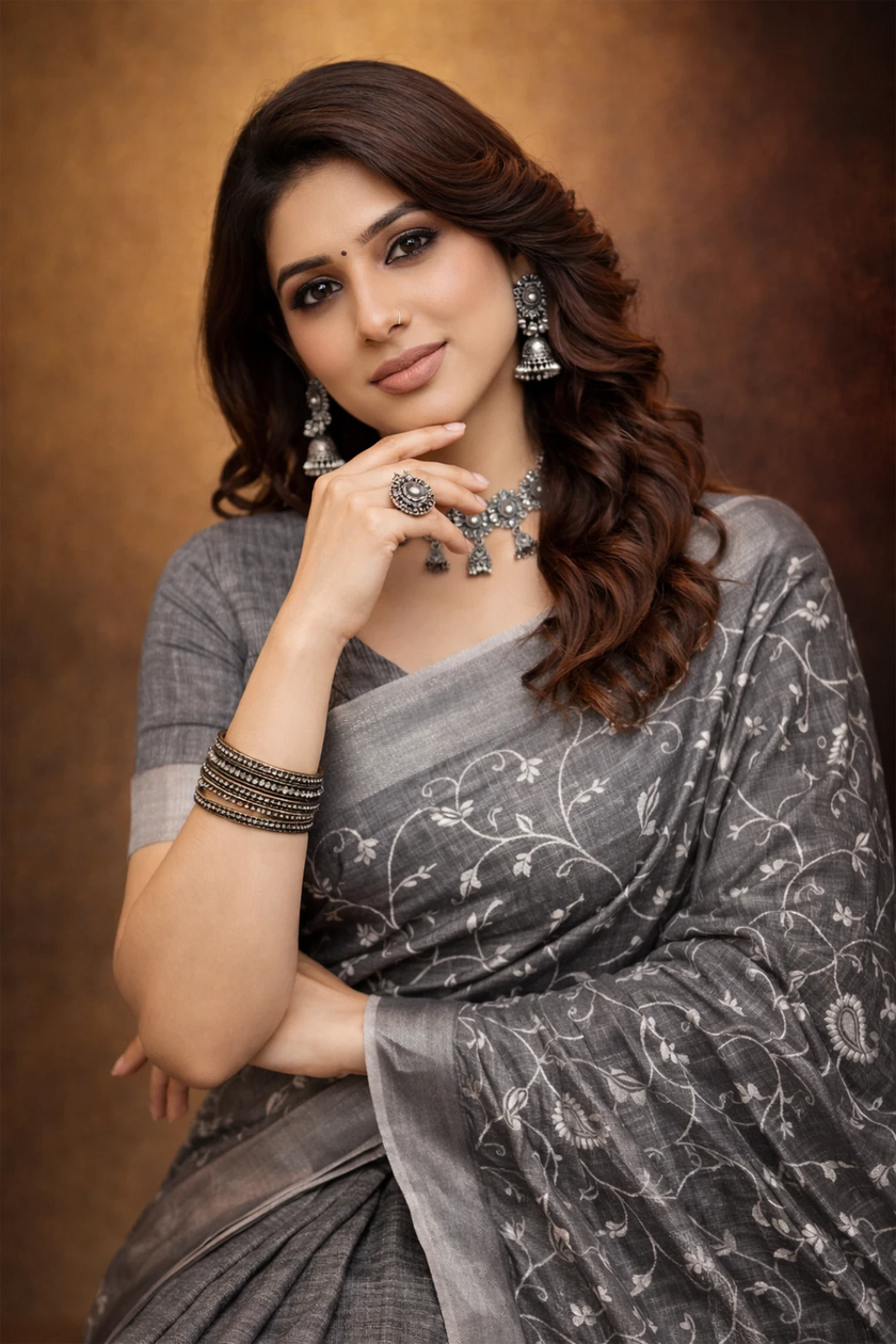 Grey linen saree with floral design