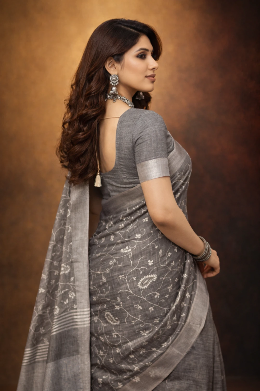 Grey linen saree with floral design