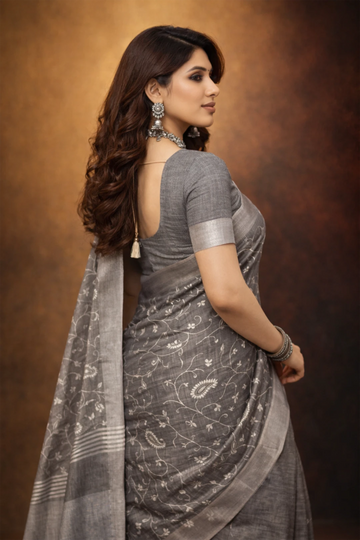 Grey linen saree with floral design