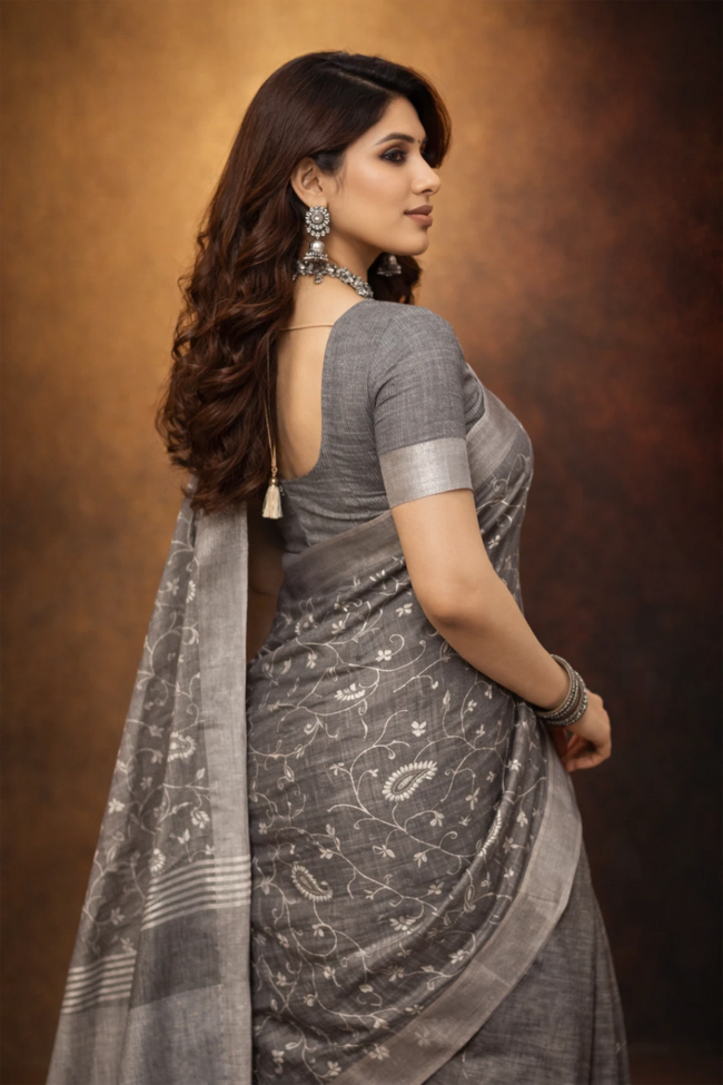 Grey linen saree with floral design