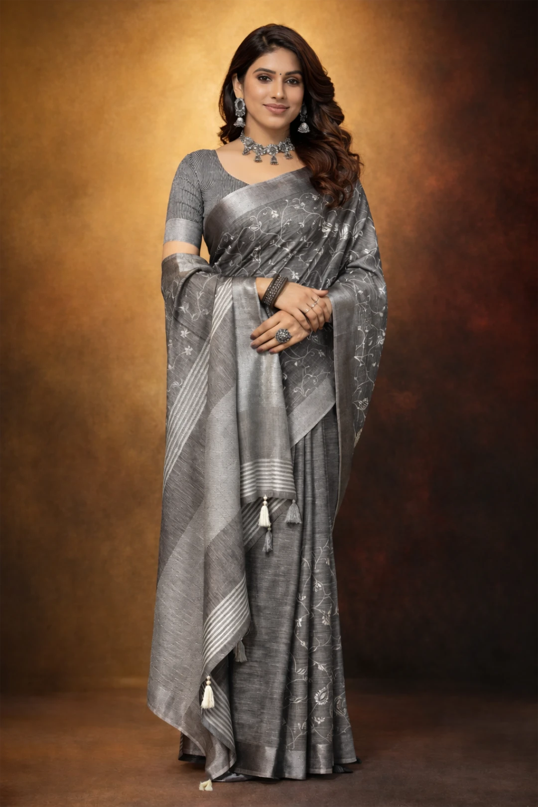 Grey linen saree with floral design