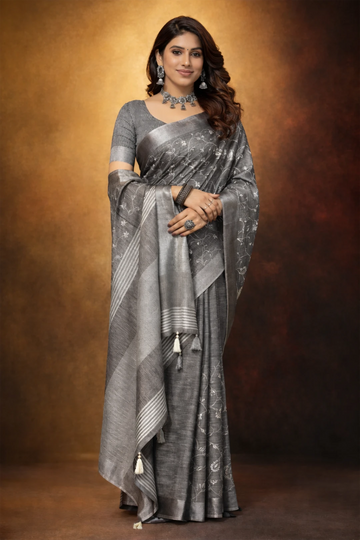 Grey linen saree with floral design