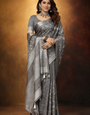 Grey linen saree with floral design