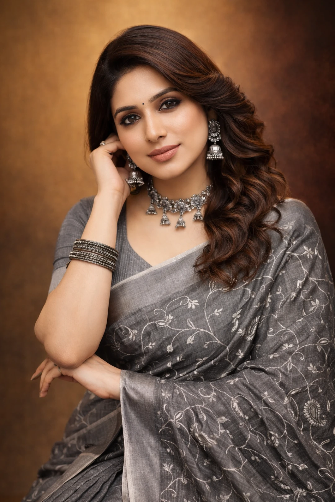 Grey linen saree with floral design