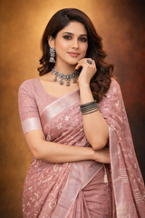 Pink linen saree with floral design