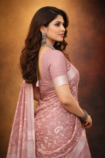 Pink linen saree with floral design