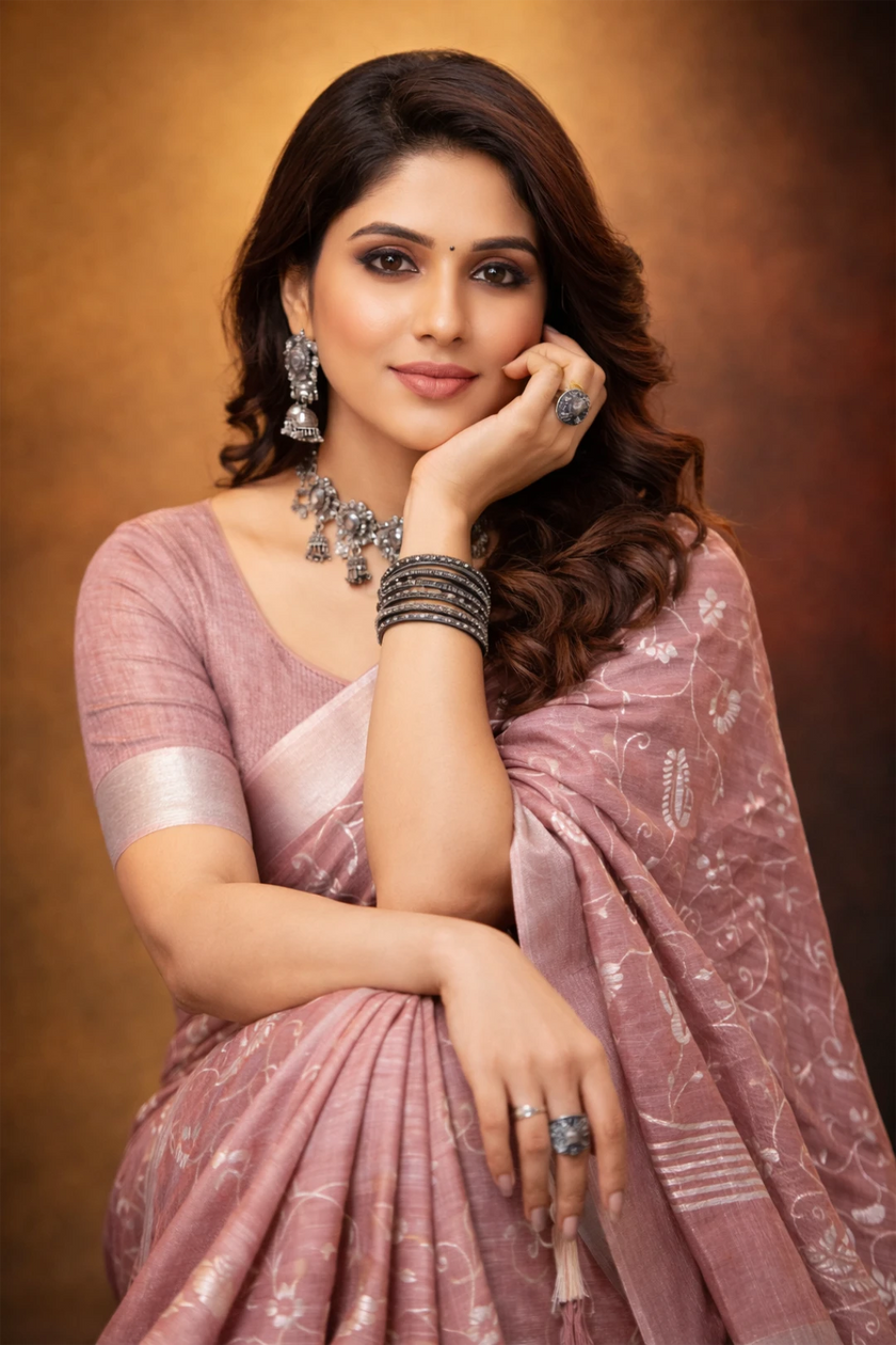 Pink linen saree with floral design