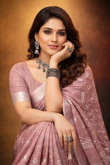 Pink linen saree with floral design