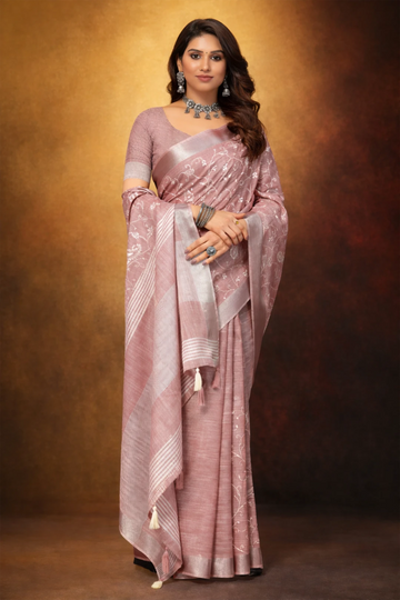 Pink linen saree with floral design