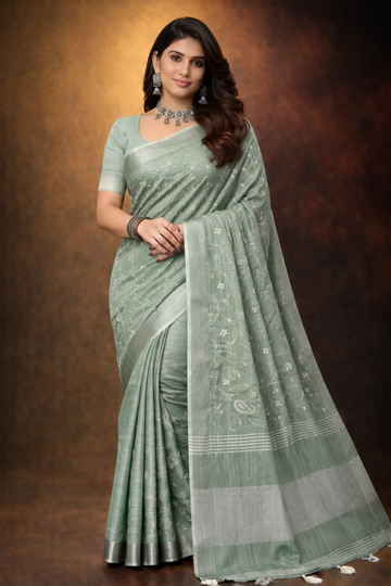 Teal Green linen saree with floral design