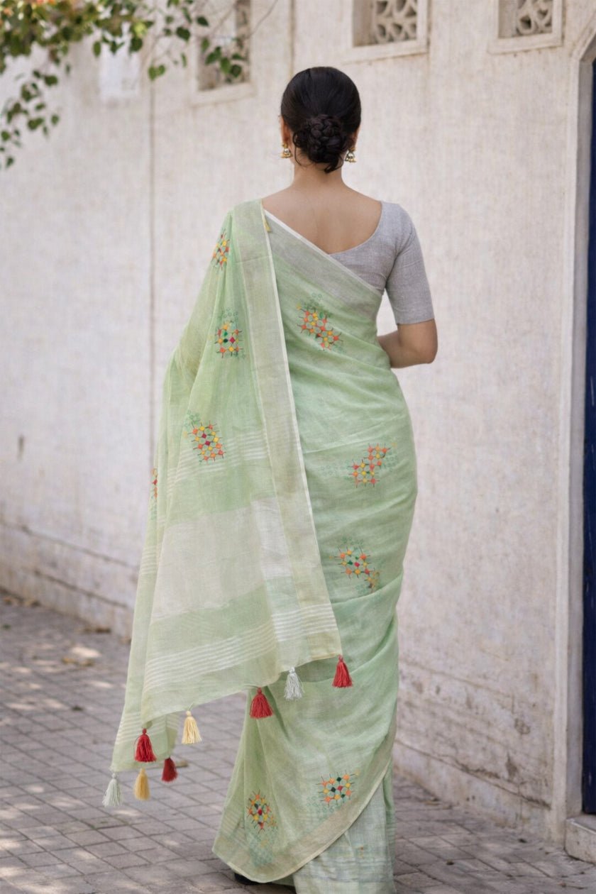 Simple Green Linen Summer Saree