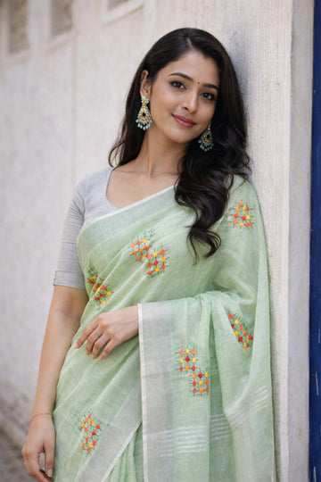 Simple Green Linen Summer Saree