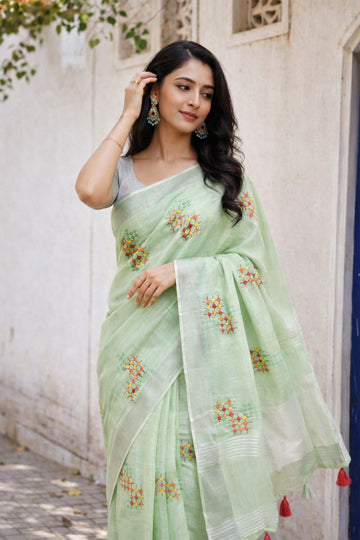 Simple Green Linen Summer Saree
