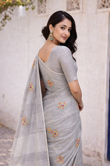 Simple Grey Linen Summer Saree