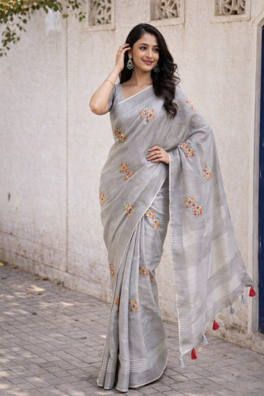 Simple Grey Linen Summer Saree