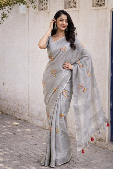 Simple Grey Linen Summer Saree
