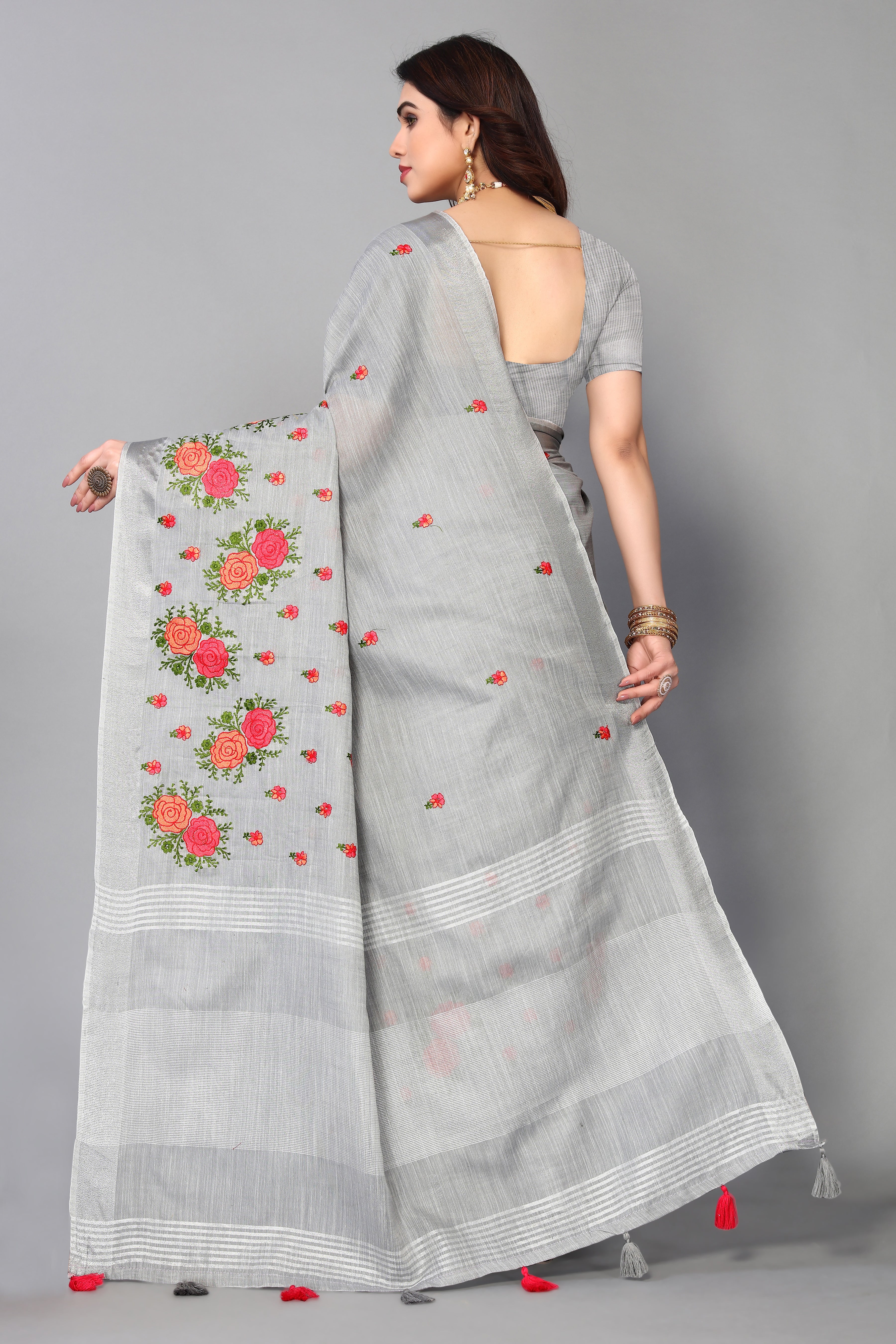 grey cotton silk saree for sangeet