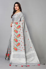pure grey cotton silk saree with zari work