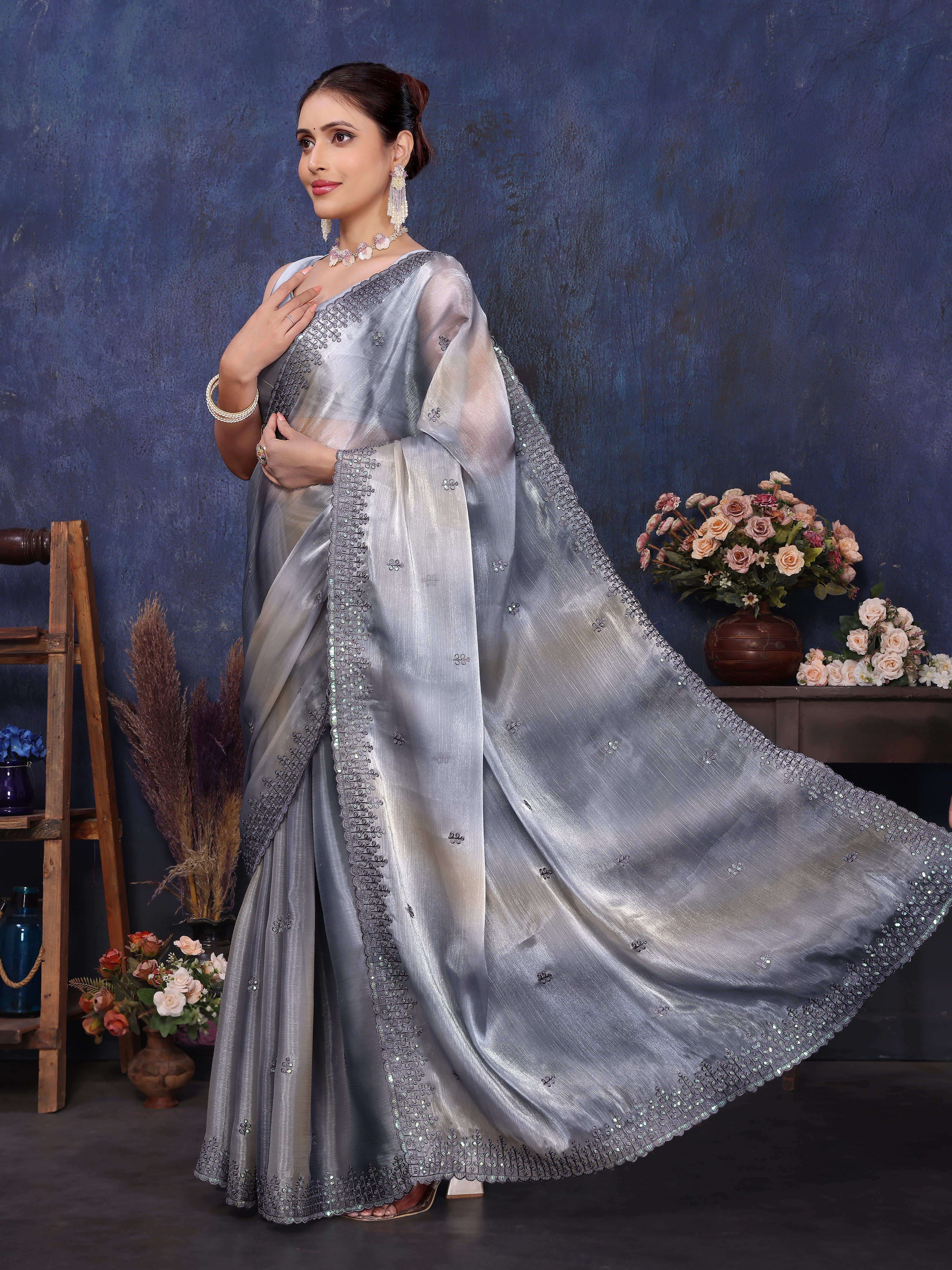 grey jimmy choo designer silk saree for festival