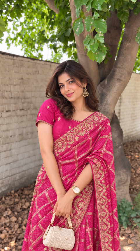 Pink Vichitra Silk Traditional Bandhani Saree