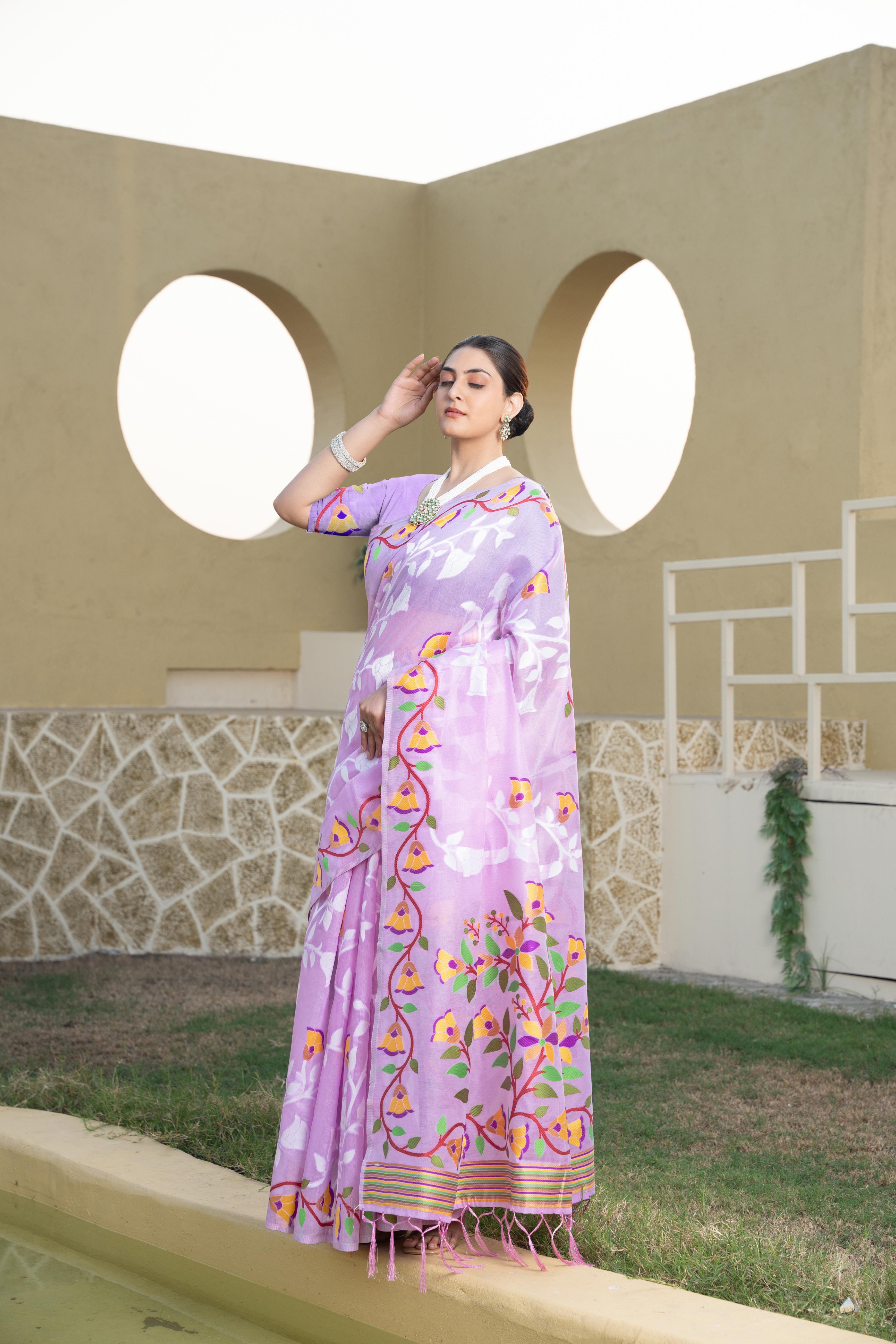 jamdani lavender cotton saree