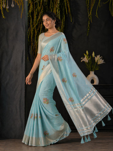 Blue Cotton Silk Floral Embroidery Saree