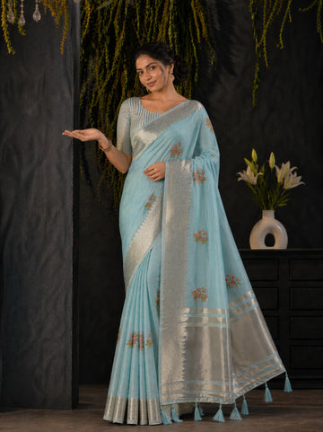 Blue Cotton Silk Floral Embroidery Saree
