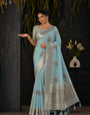 Blue Cotton Silk Floral Embroidery Saree