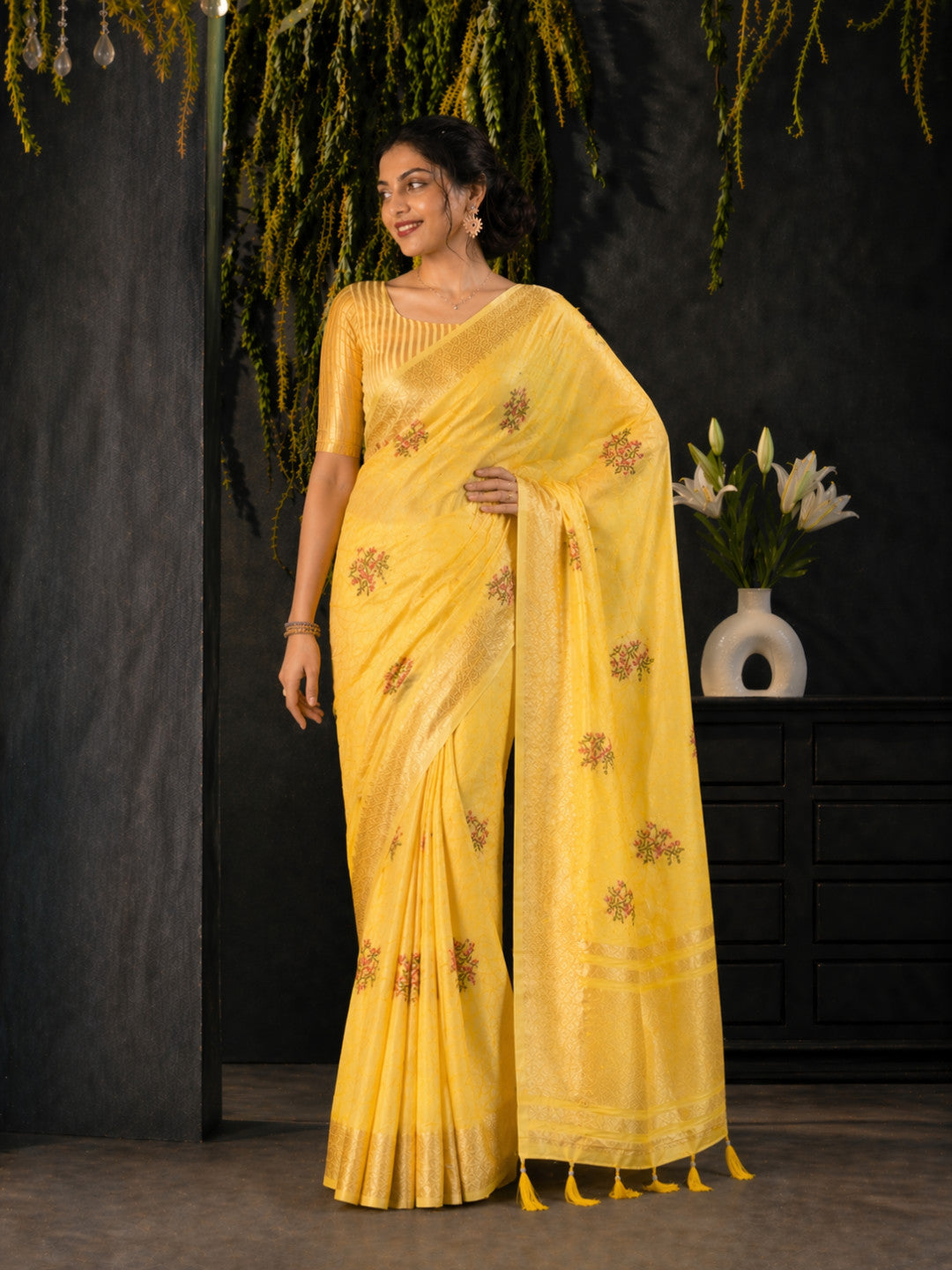 Yellow Cotton Silk Floral Embroidery Saree