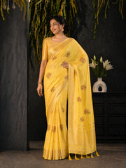 Yellow Cotton Silk Floral Embroidery Saree