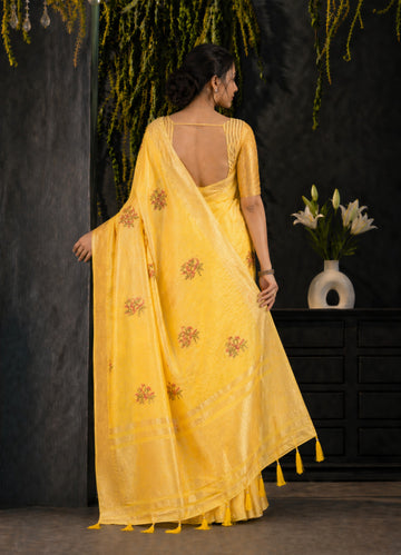 Yellow Cotton Silk Floral Embroidery Saree