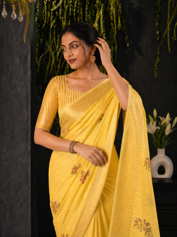 Yellow Cotton Silk Floral Embroidery Saree