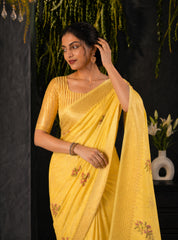 Yellow Cotton Silk Floral Embroidery Saree