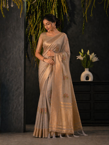 Grey Cotton Silk Floral Embroidery Saree