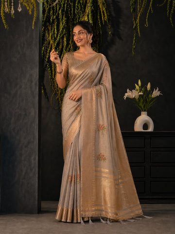 Grey Cotton Silk Floral Embroidery Saree