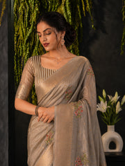 Grey Cotton Silk Floral Embroidery Saree