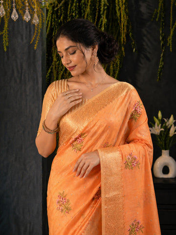 Orange Cotton Silk Floral Embroidery Saree