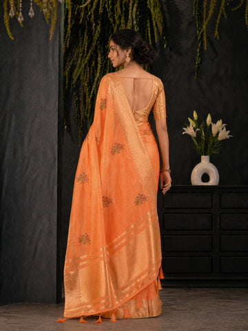 Orange Cotton Silk Floral Embroidery Saree