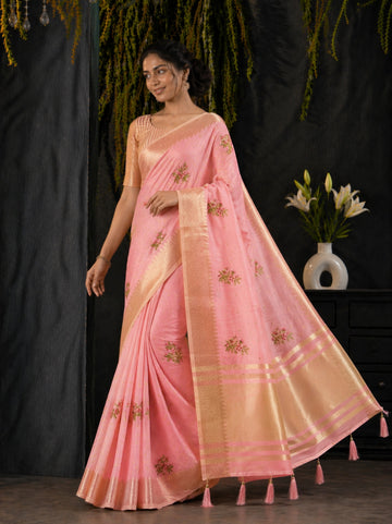 Pink Cotton Silk Floral Embroidery Saree