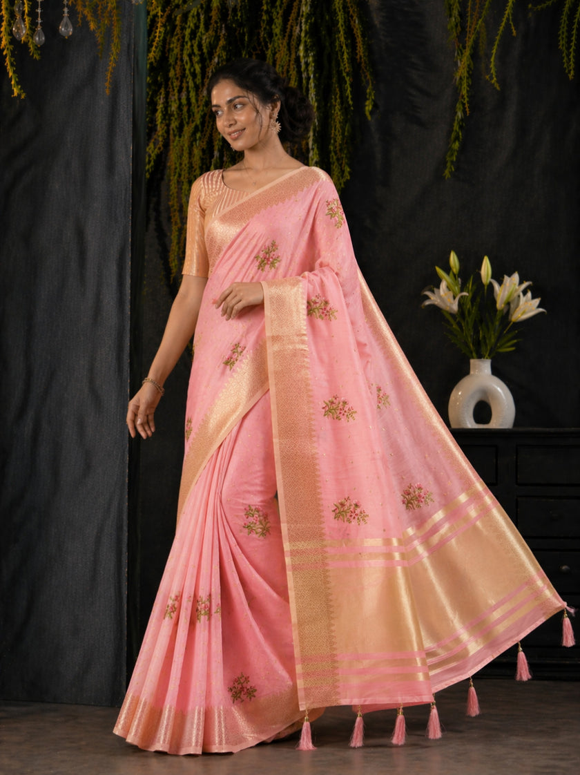 Pink Cotton Silk Floral Embroidery Saree