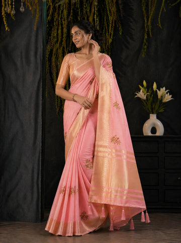 Pink Cotton Silk Floral Embroidery Saree