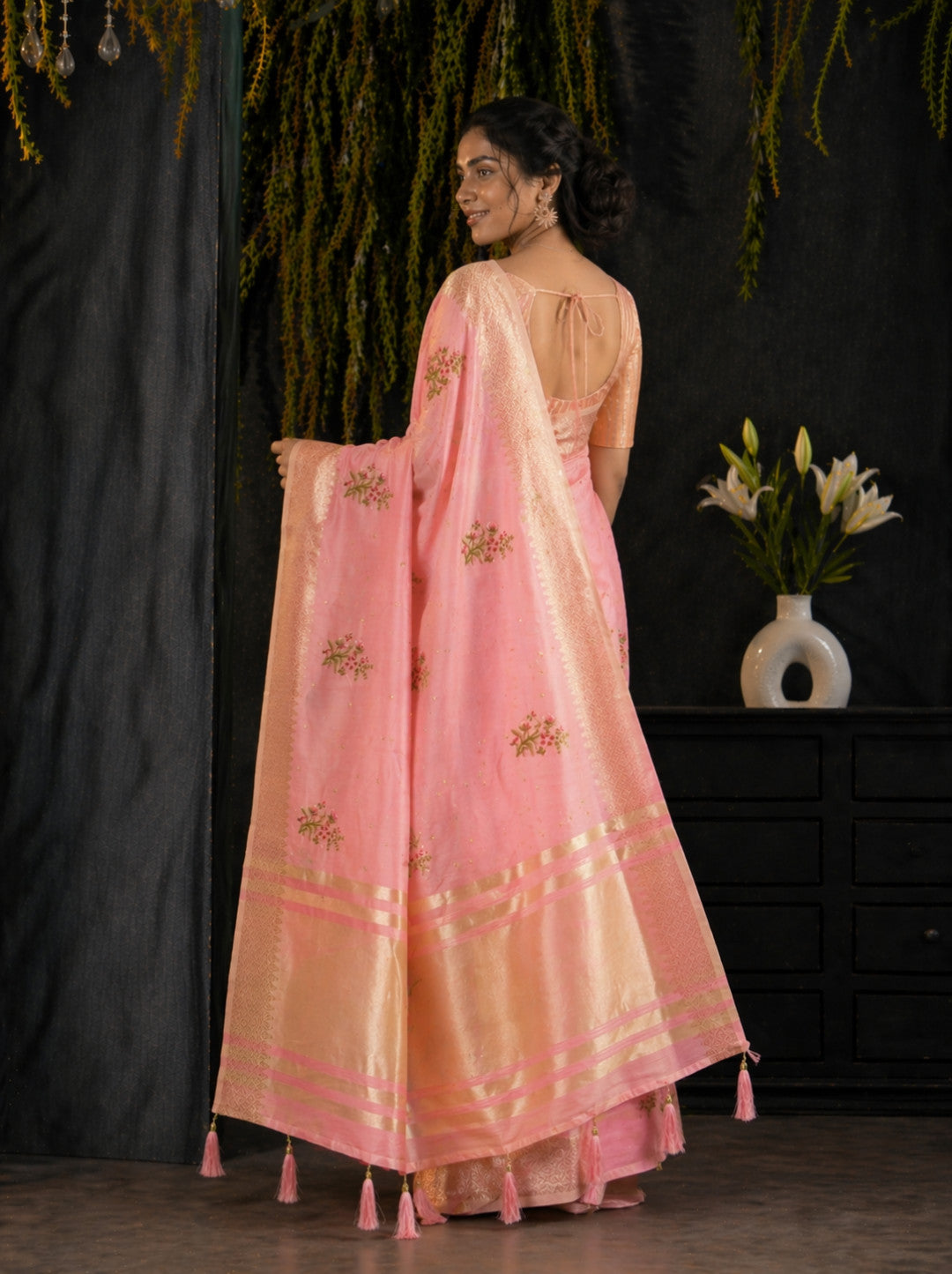 Pink Cotton Silk Floral Embroidery Saree