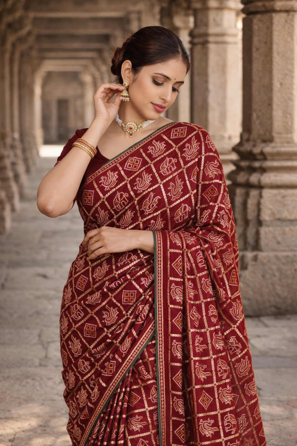 Maroon Gujarati Bandhani Saree