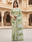 Light Green Embroidered Linen Saree For Summer