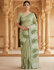 Light Green Embroidered Linen Saree For Summer